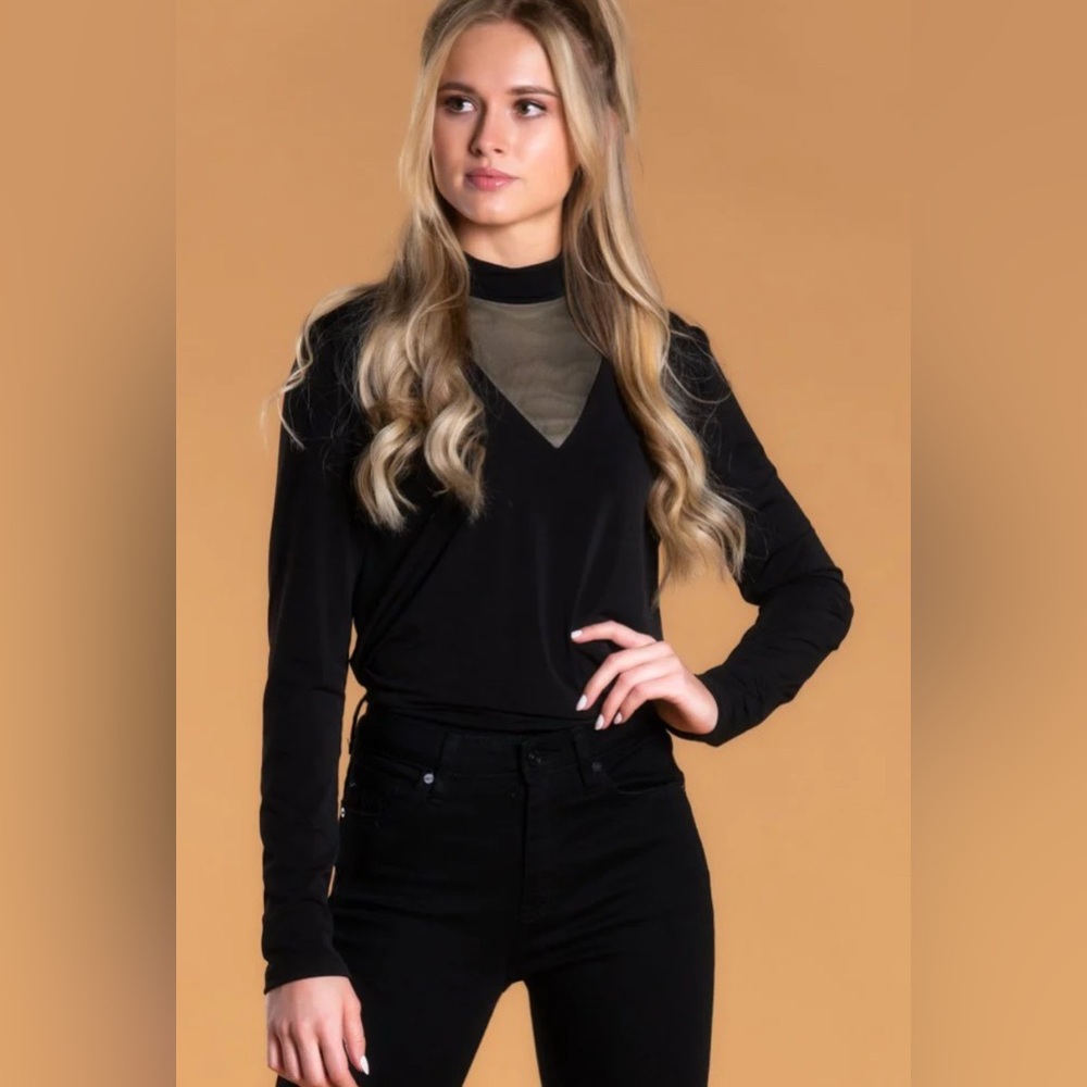 Brigitte Brianna Mesh Turtle Neck Long Sleeve Top